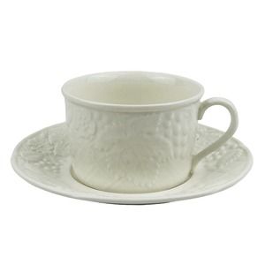 Mikasa English Countryside‎ Flat Cup & Saucer Set White Stoneware Embossed Fruit